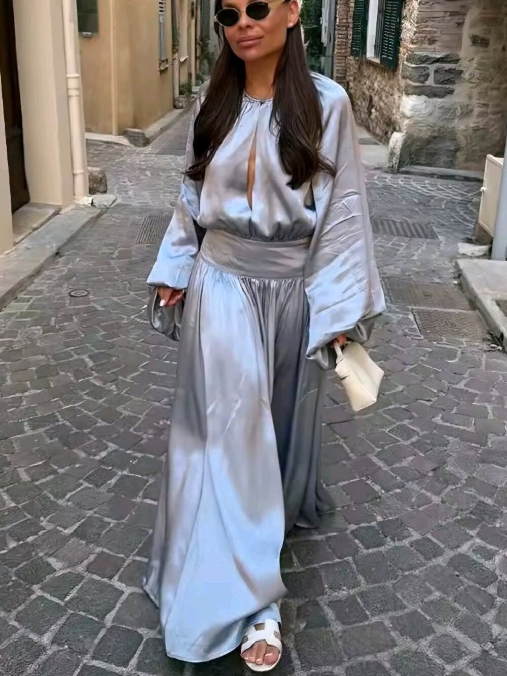 Elegant Satin Long Dress Women Round Neck Puff Full Sleeve High Waist Pleated